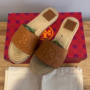 Tory Burch Camel Tan Brown Espadrille Flat Sandals
